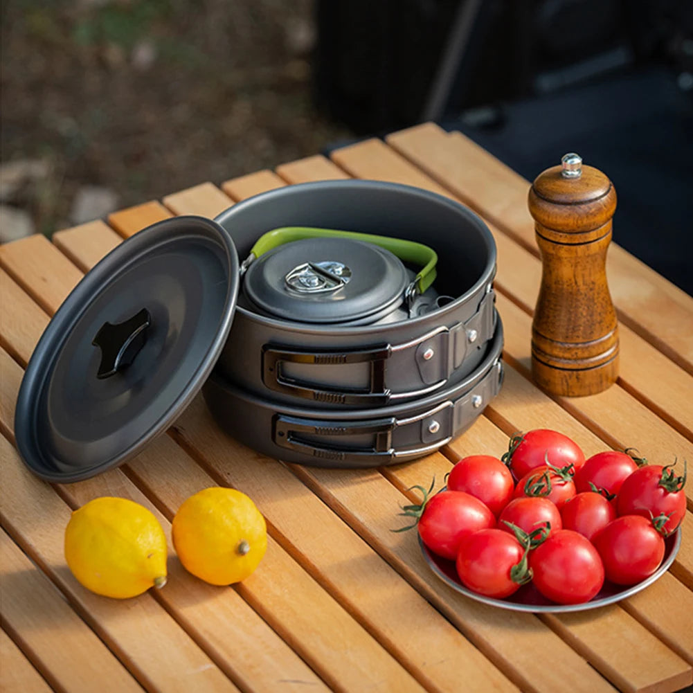 3PCS Outdoor Camping Pot Set Pot Pan Kettle Set Portable Cooker Set with Mesh Bag for Camping Backpacking Outdoor Cooking Picnic