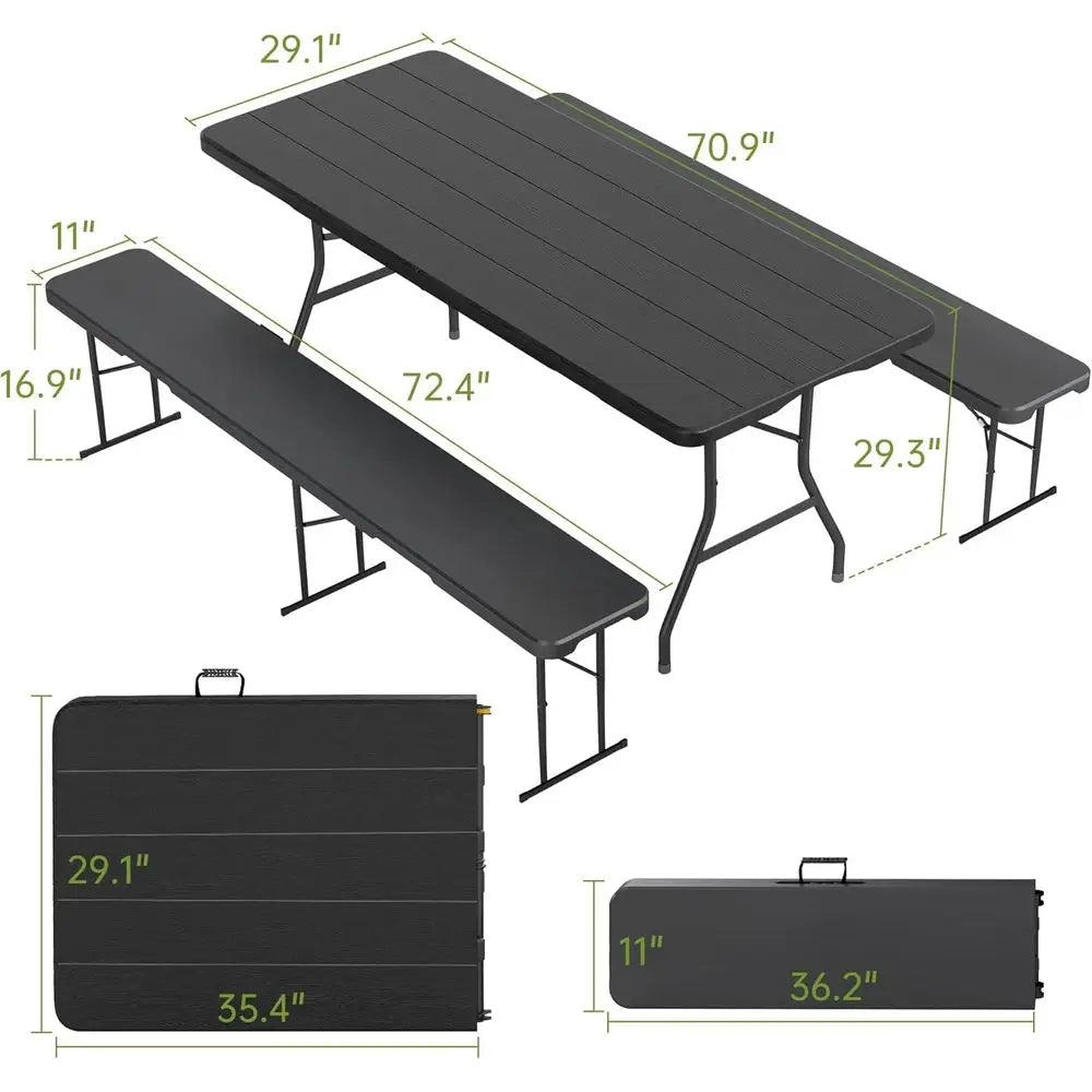 6' Picnic Table with 2 Benches, 3 Piece Black Wood Grain Portable HDPE Folding Camping Table and Benches for Courtyard, Garden,