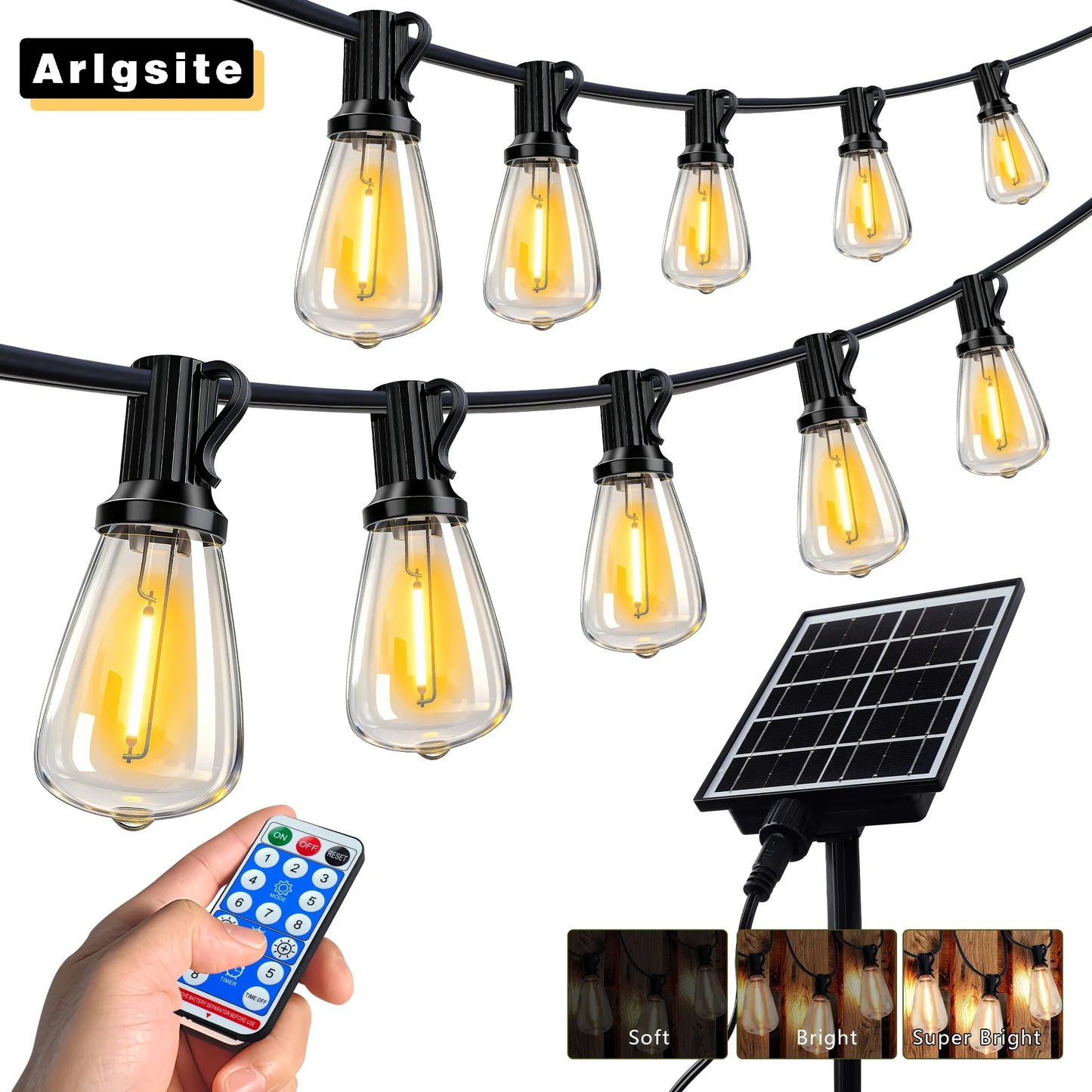 100FT Solar Outdoor String Lights IP65 Waterproof Patio Lights, Shatterproof E12 Replaceable Bulbs, Remote Dimmable Timing