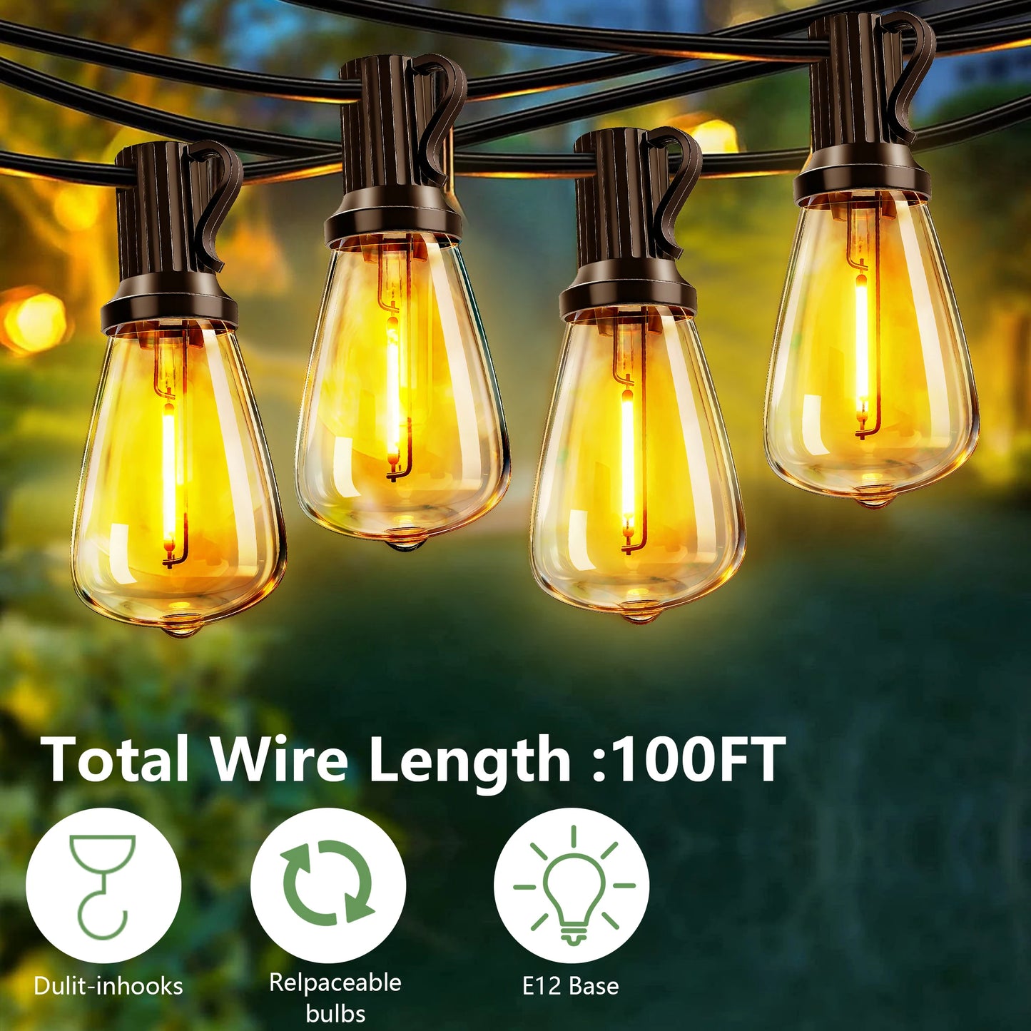 100FT Solar Outdoor String Lights IP65 Waterproof Patio Lights, Shatterproof E12 Replaceable Bulbs, Remote Dimmable Timing