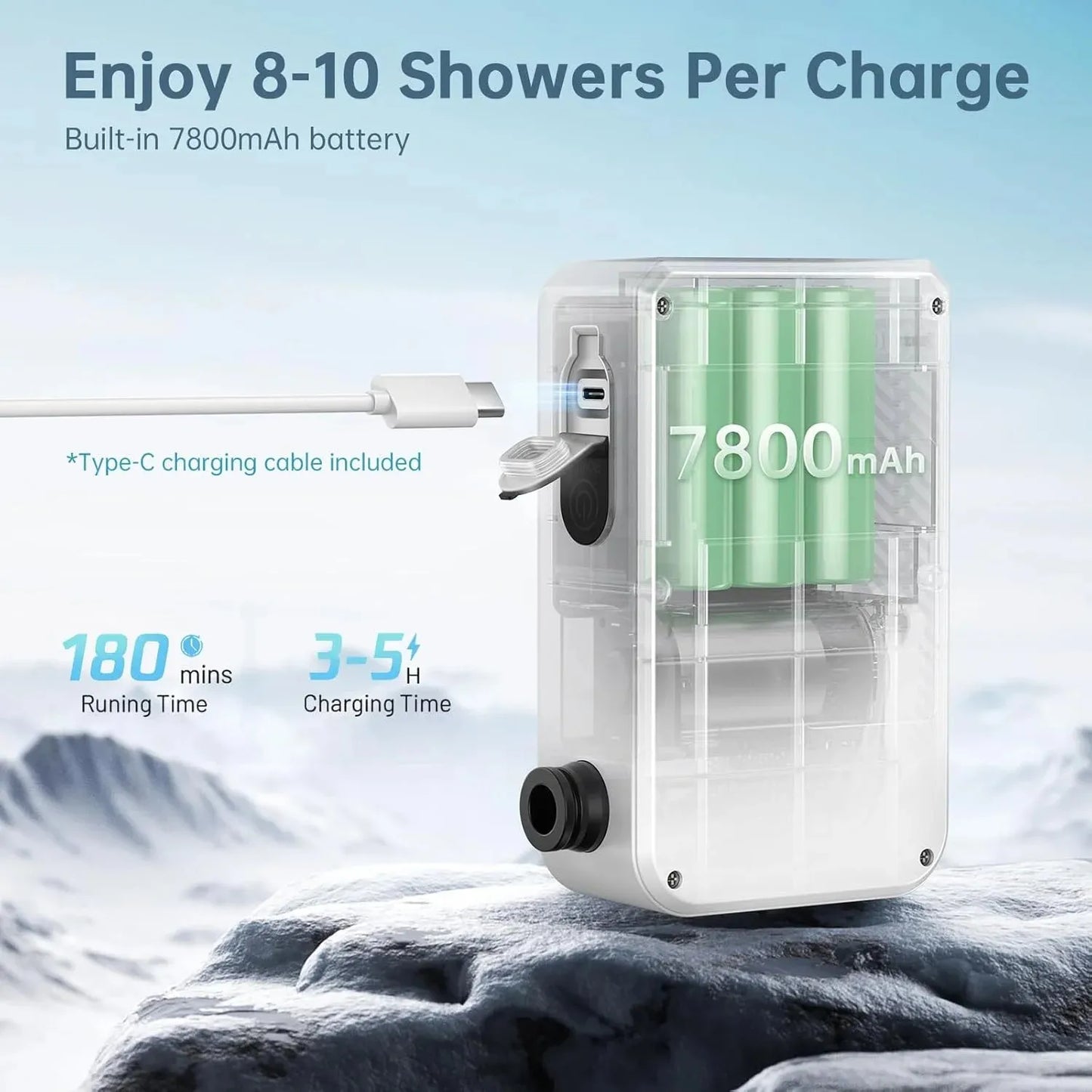 Portable Camping Shower 7800mAh Rechargeable Pump with Digital Display, 4 Water Modes, Bath Sponge, Hiking Travel, Car Wash, Pet