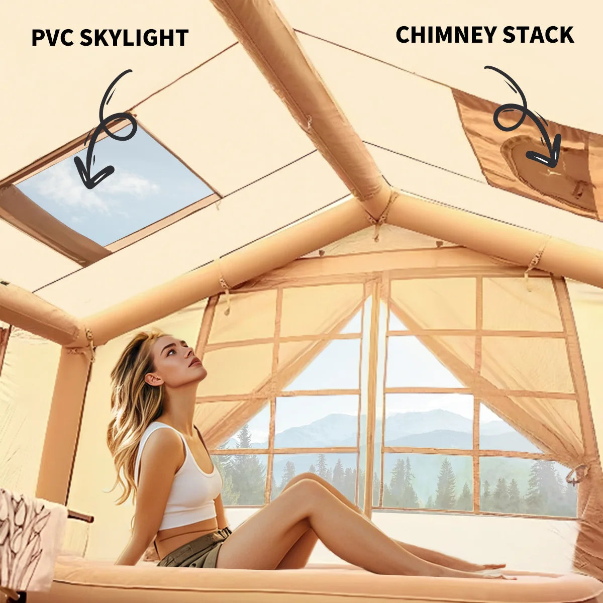 6-8 Person Large Inflatable Camping Tent, 4 Season Blow Up Tents with Canopy, Luxury Inflatable Tent House with Stove Jack