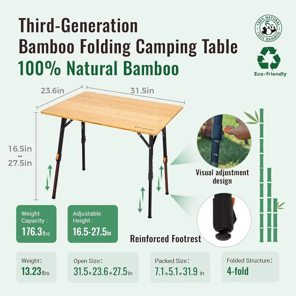 Bamboo Folding Table, 4-Fold Camping Adjustable Height Portable Outdoor Lightweight & Compact Table with Aluminum Frame for RV P