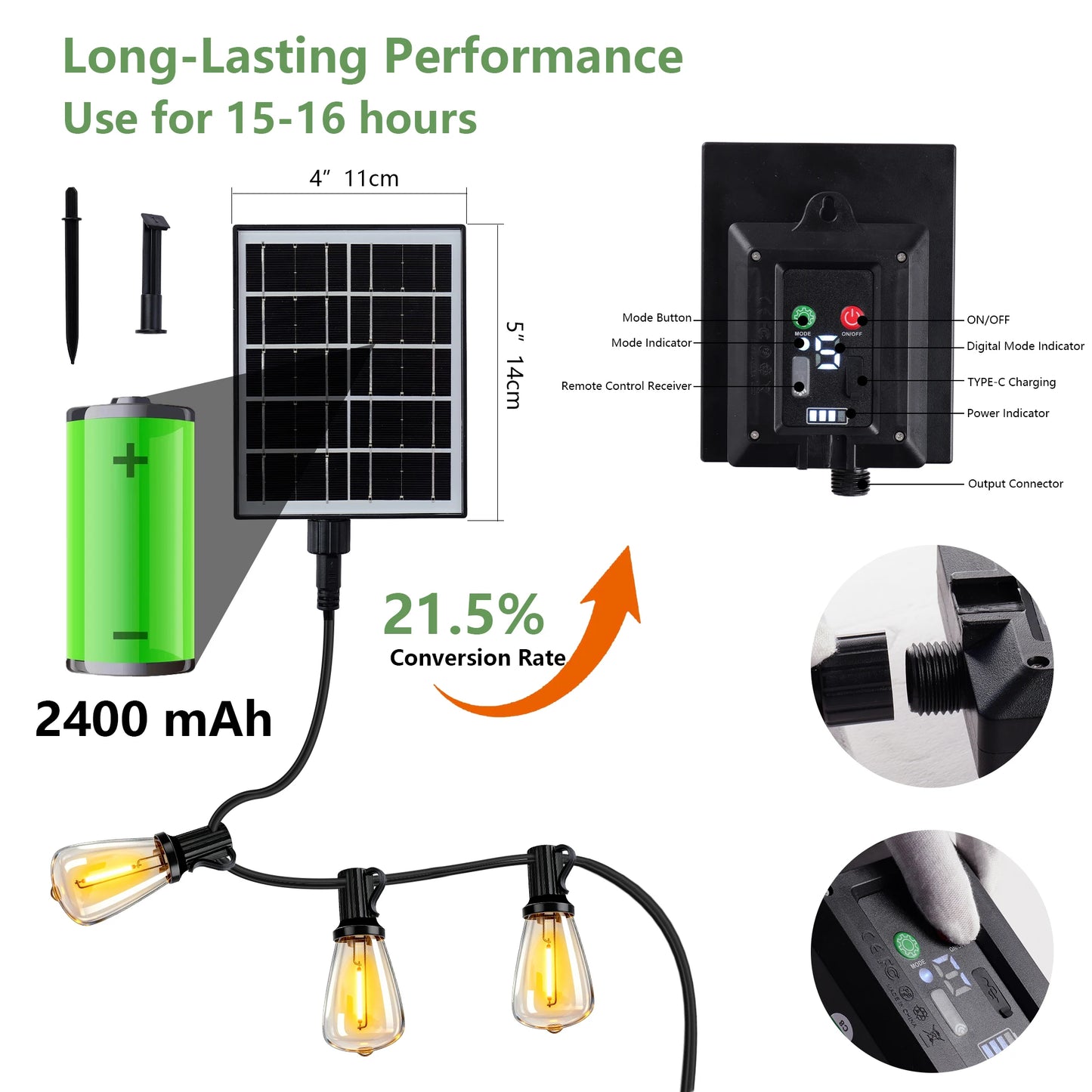 100FT Solar Outdoor String Lights IP65 Waterproof Patio Lights, Shatterproof E12 Replaceable Bulbs, Remote Dimmable Timing