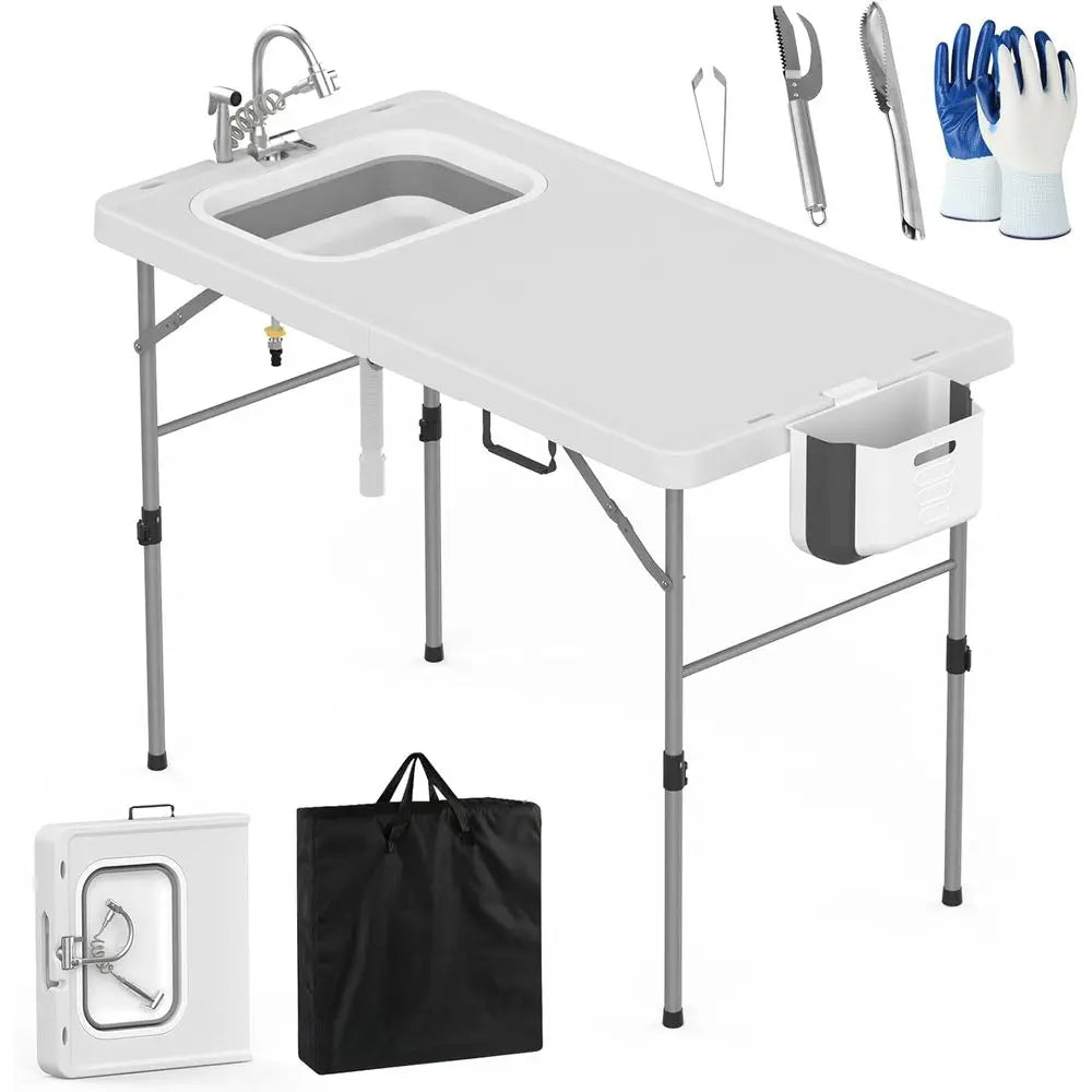 Fold in Half Folding Fish Cleaning Table with Sink, Foldable Protable Camping Sink Table with Drainage Hose & Fish Cleaning Kit,