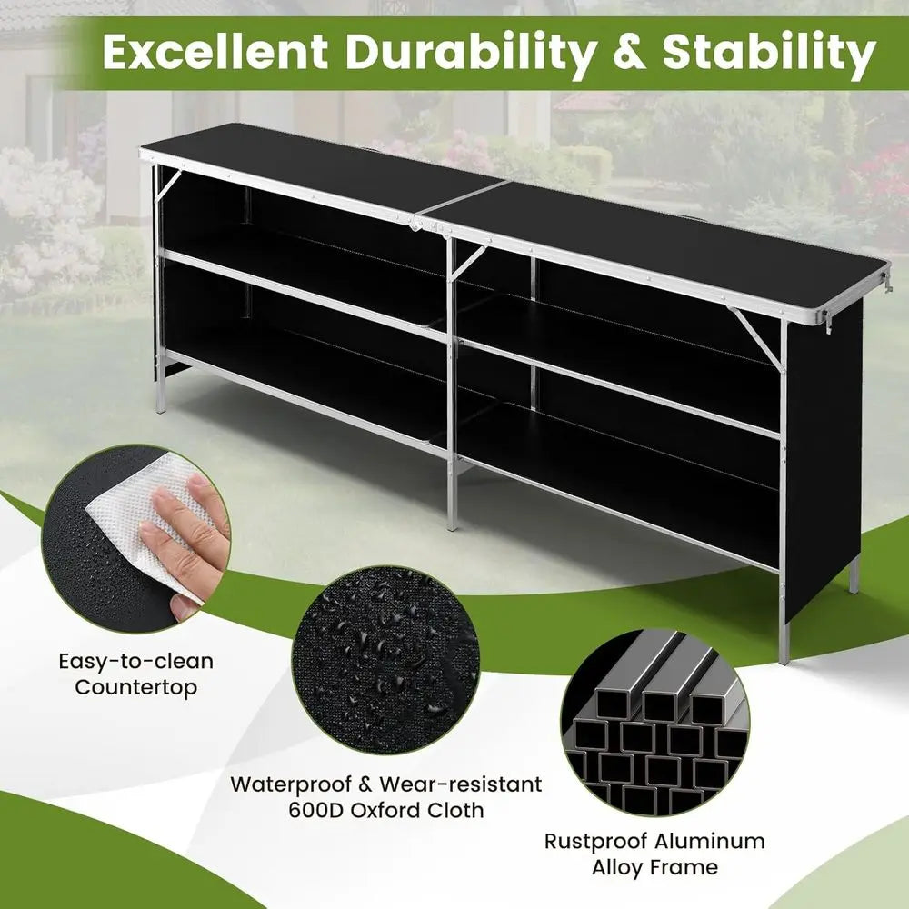 81" Folding Picnic Table, Portable Bar Table with Carry Bag, Lightweight Aluminum Food Prep Station with 2 Shelves, Quick Set-up