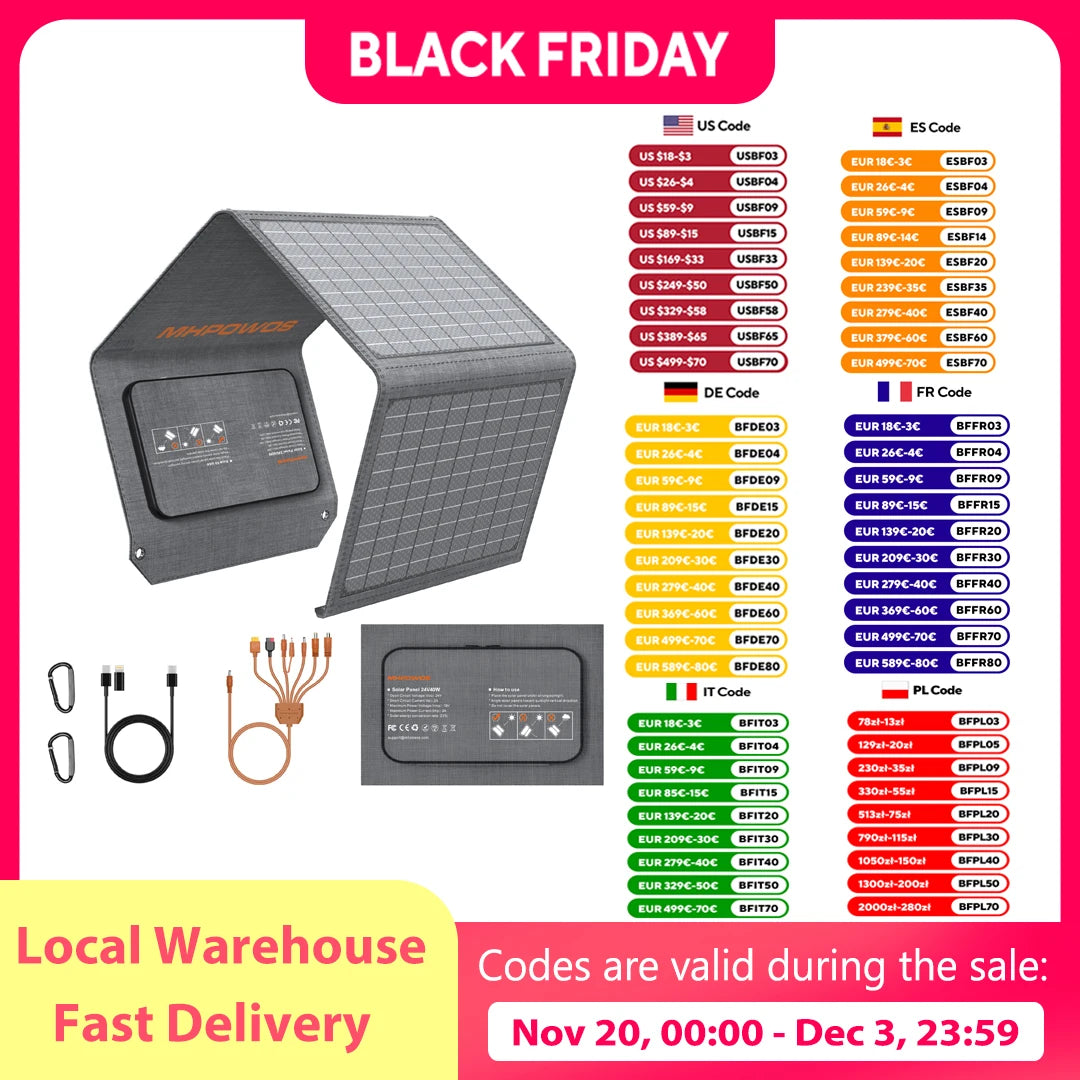 MHPOWOS 40W Portable Solar Panel Charger with Triple Output (USB-C/USB-A/DC), 23% High-Efficiency for Camping Phone Power Bank