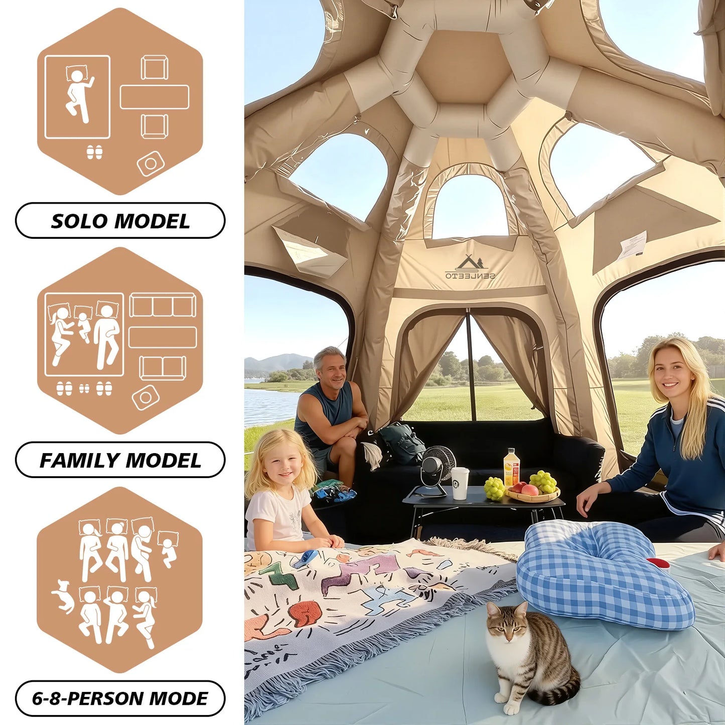 142 SqFt² Dome Inflatable Camping Tents for Family,4 Season Oxford Glamping Blow Up Tent with Canopy,Chimney Opening,AC Vent