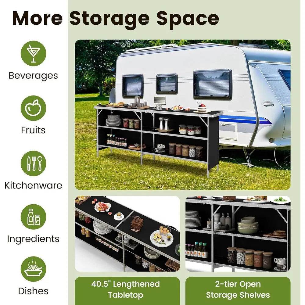 81" Folding Picnic Table, Portable Bar Table with Carry Bag, Lightweight Aluminum Food Prep Station with 2 Shelves, Quick Set-up