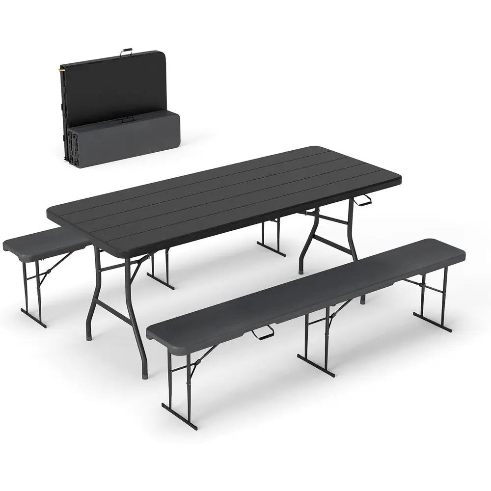 6' Picnic Table with 2 Benches, 3 Piece Black Wood Grain Portable HDPE Folding Camping Table and Benches for Courtyard, Garden,