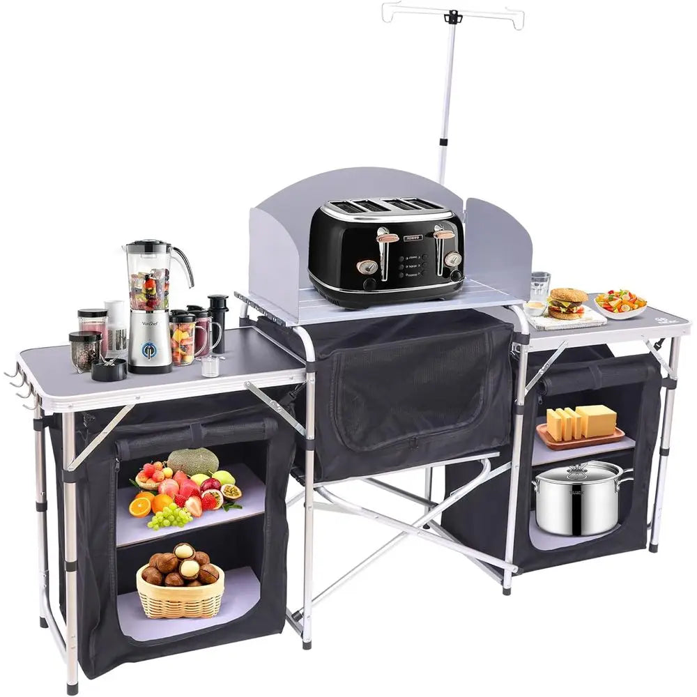 Camping Kitchen Table, Folding Table, Upgrade Light Stand and Windshield Cooking Station & 3 Organizers, Carry Bag for Outdoor,