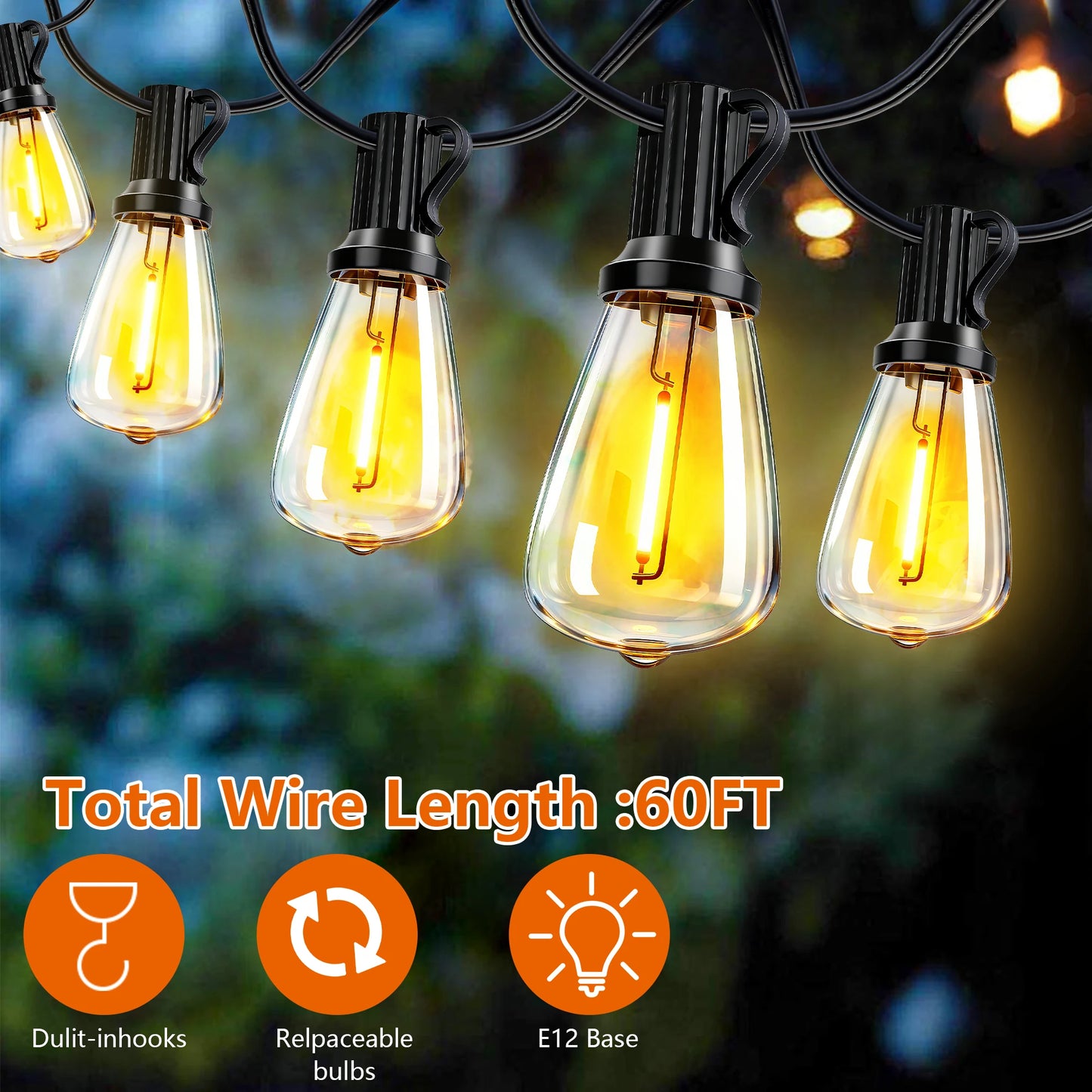 100FT Solar Outdoor String Lights IP65 Waterproof Patio Lights, Shatterproof E12 Replaceable Bulbs, Remote Dimmable Timing