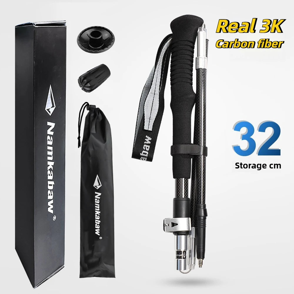 3K Carbon Fiber Folding Trekking Pole Ultra Light Five Section Hiking Staff Collapsible Walking Stick for Camping Trek