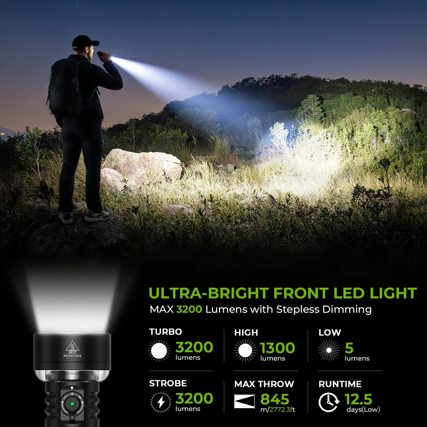 Wurkkos TS27 3200LM Super Bright Flashlight 845M Throw RGB Lighting Linterna Recargable Reverse Charging Power Bank For Camping