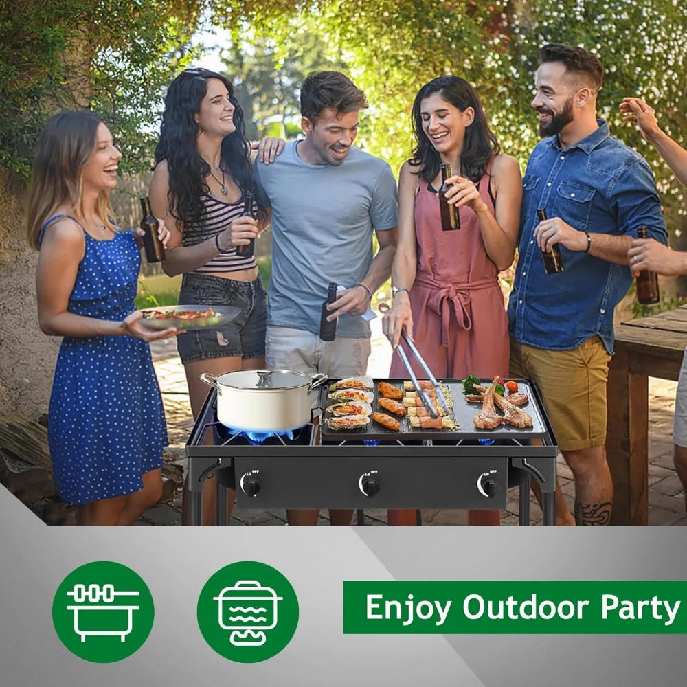 3 burner propane gas stove for outdoor cooking, 225,000 BTU camping stove with removable legs for backyard cooking, barbecue