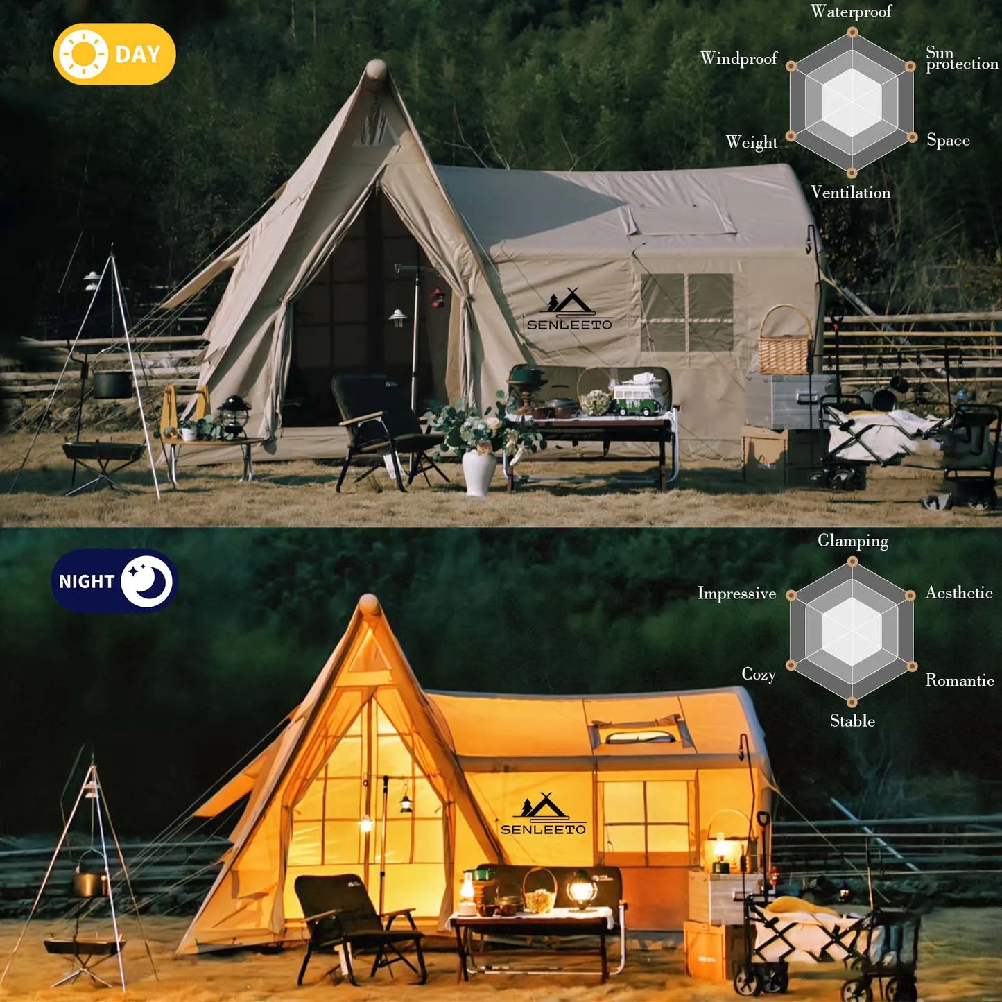 6-8 Person Large Inflatable Camping Tent, 4 Season Blow Up Tents with Canopy, Luxury Inflatable Tent House with Stove Jack