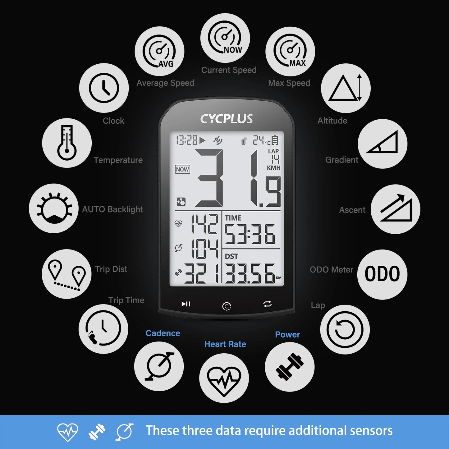 CYCPLUS M1 GPS Wireless Bike Computer With BLE 5.0/ANT+ with 2.9" LCD Screen Auto Backlight IPX6 Waterproof
