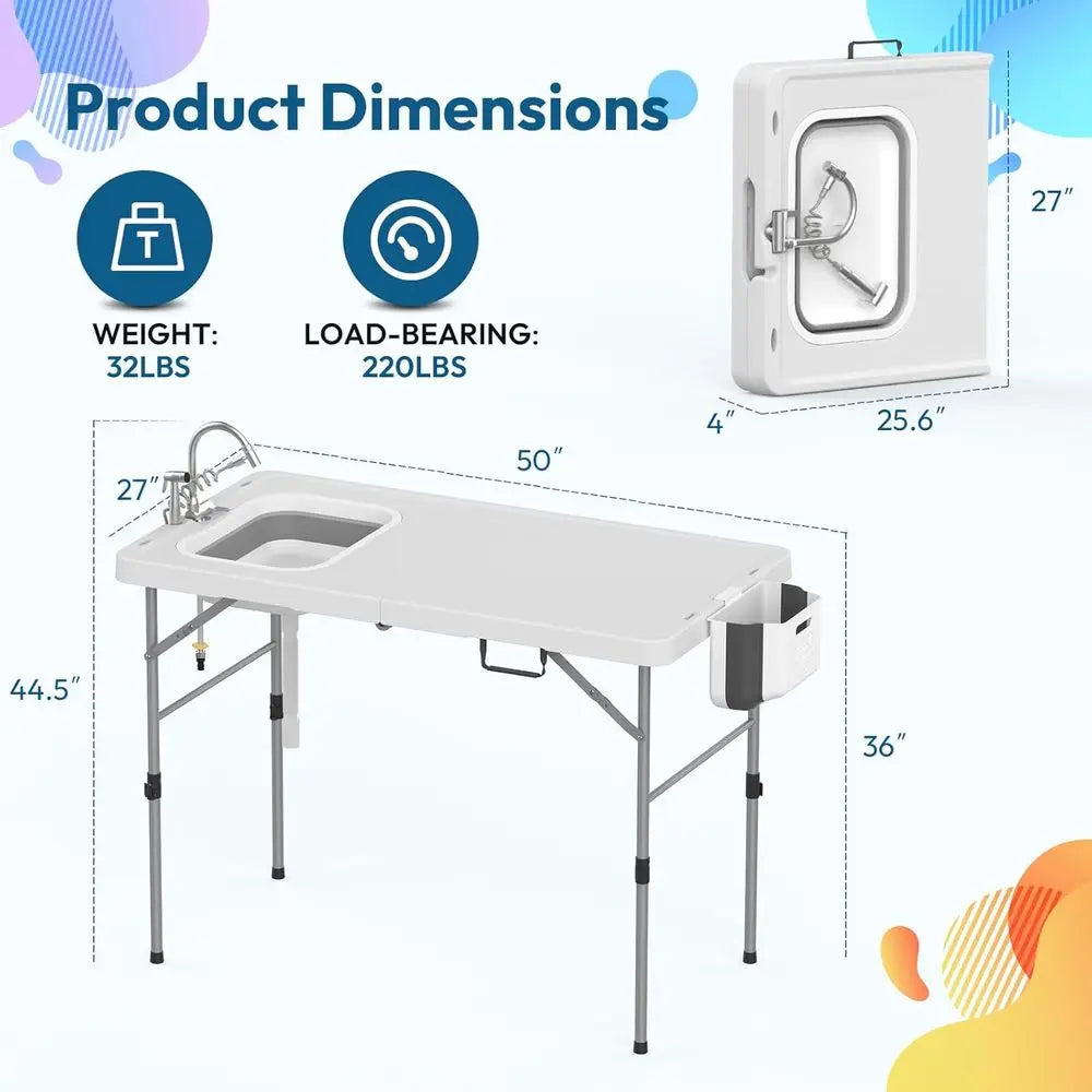 Fold in Half Folding Fish Cleaning Table with Sink, Foldable Protable Camping Sink Table with Drainage Hose & Fish Cleaning Kit,