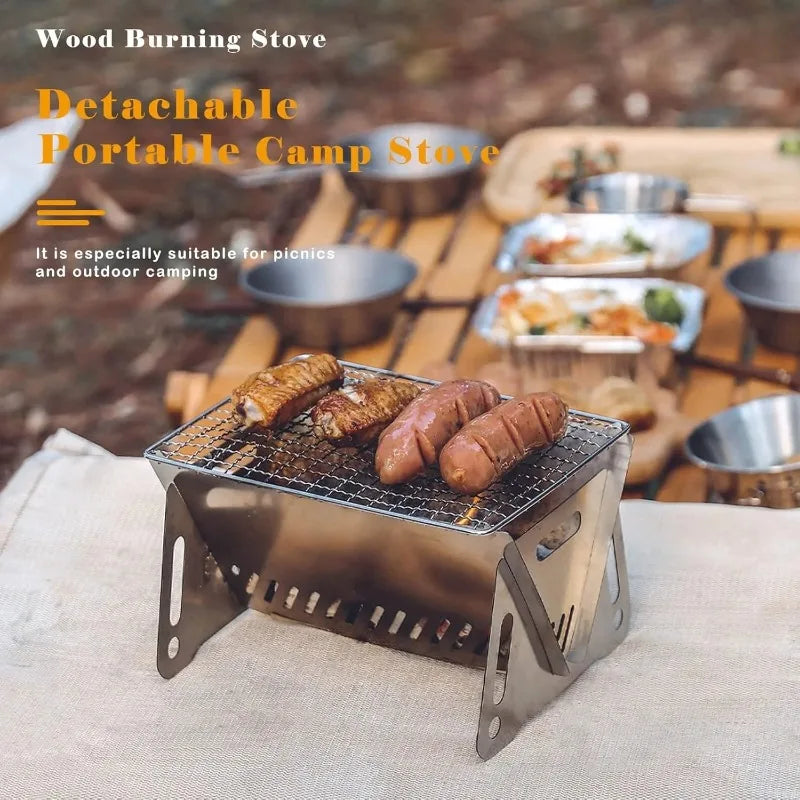 1 set Backpacking Stove Folding Stainless Steel Charcoal Grill BBQ Wood Burning Camp Stove Hiking Picnic Garden Backyard Cooking