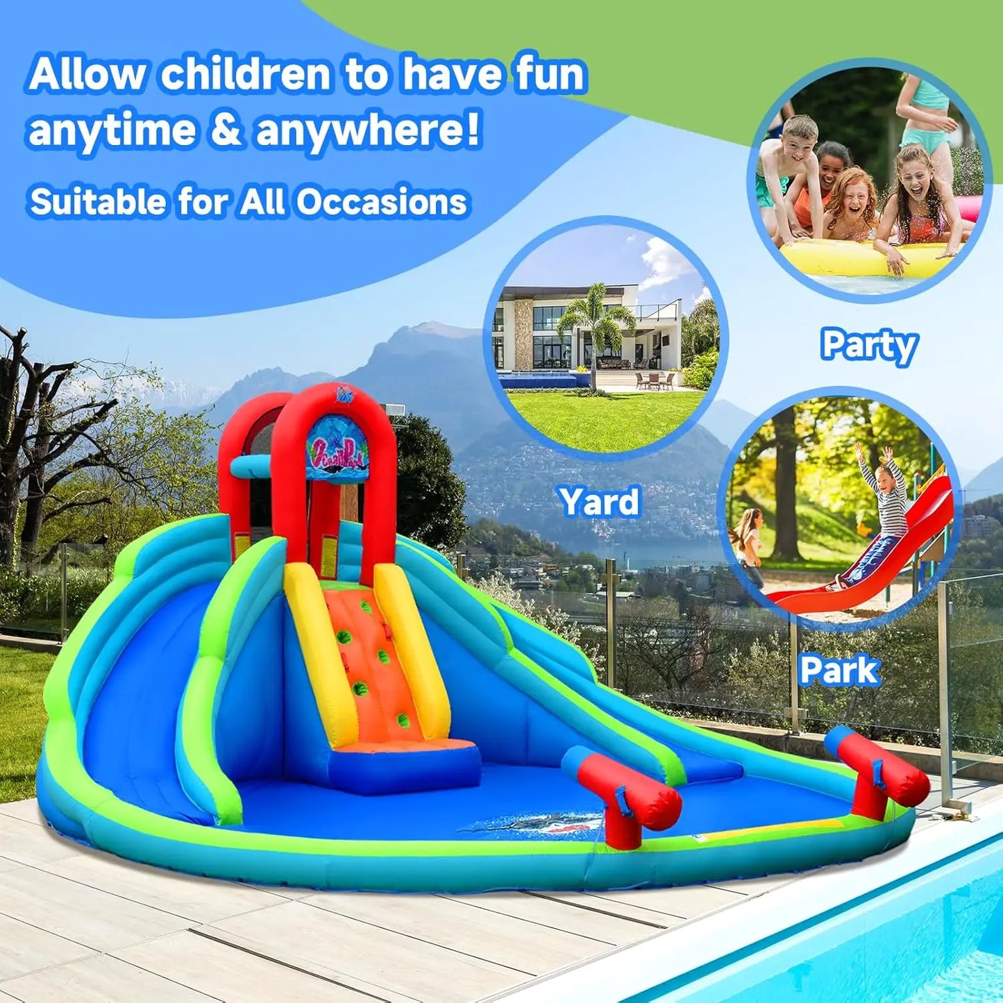 Inflatable Water Slide, 18x17FT Mega Kids Waterslide Park for Outdoor with 2 Long Slides, Splash Pool, Handrail Upgrade, Blow up