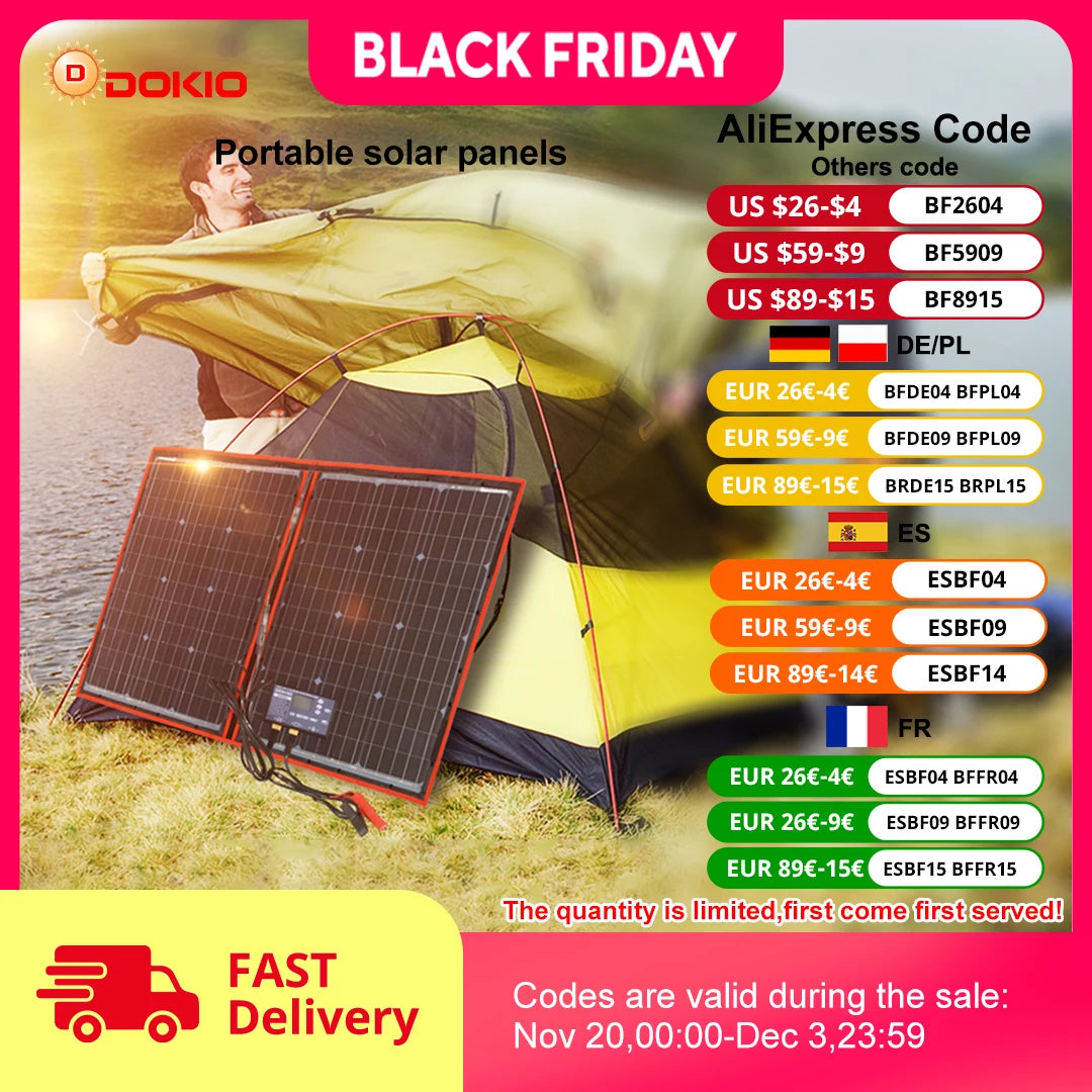 Dokio 18V 100W Portable Foldable Solar Panel with 12V Controller Kit for Family Camping Trips