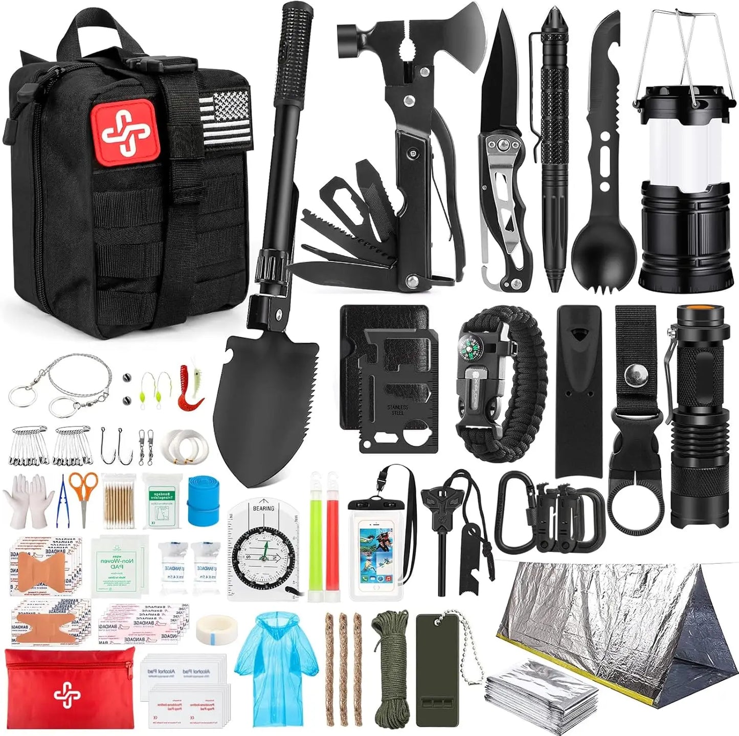 250Pcs Survival Gear First Aid Kit with Molle Bag & Emergency Tent for Outdoor Adventure, Hiking, Hunting - Ideal Gifts