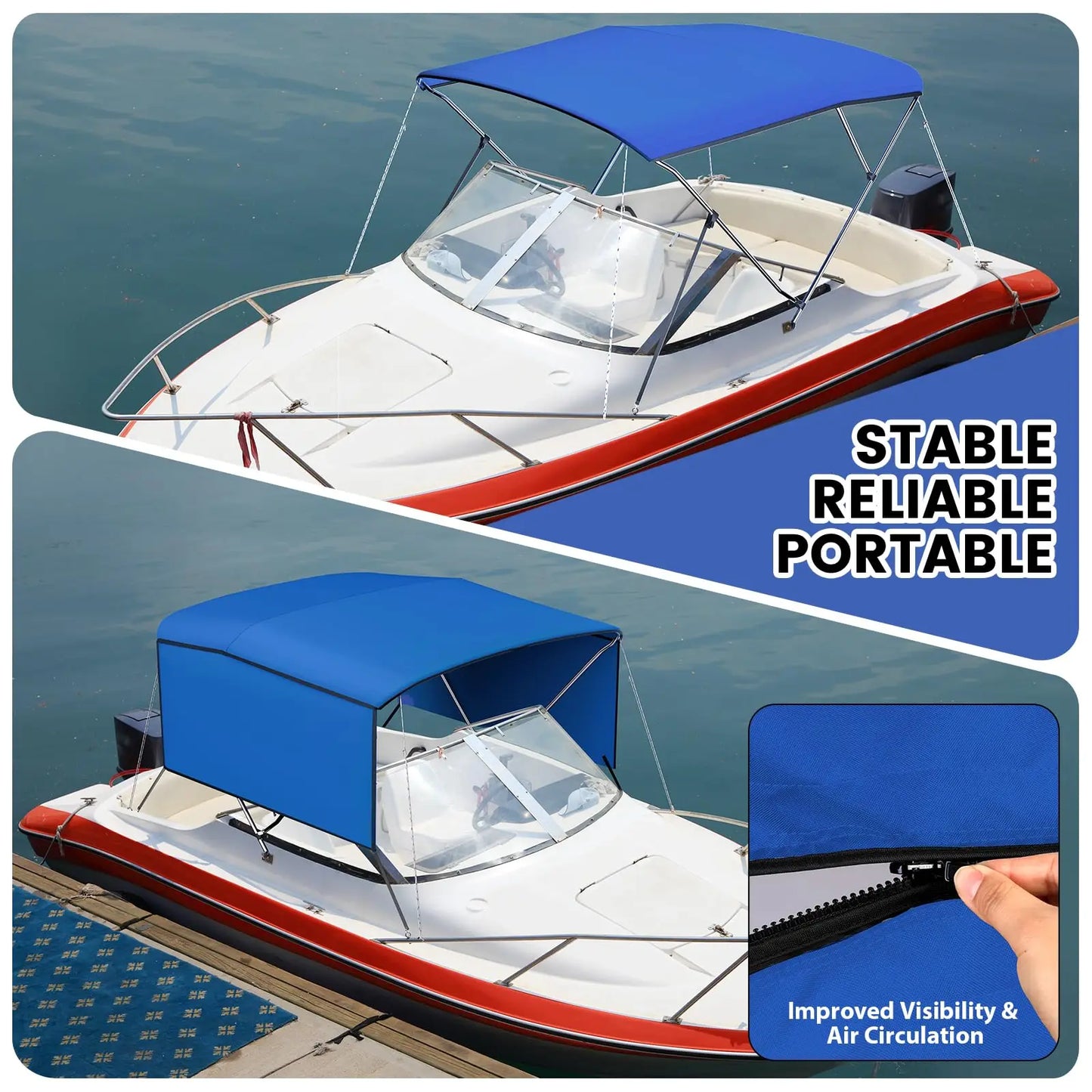 3 Bow Boat Bimini Top Cover, Sun Shade Boat Canopy with 2 Removable Side Curtains, 4 Adjustable Windproof Ropes, Durable Marine