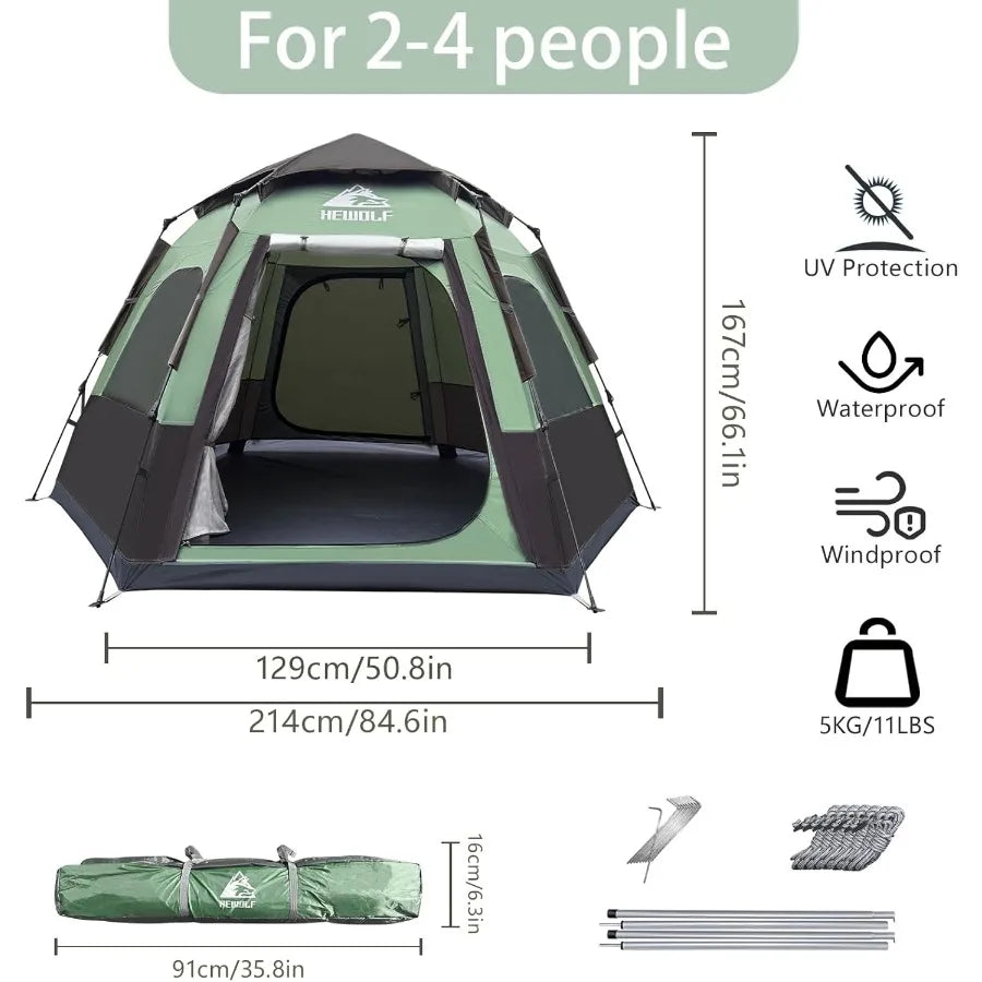 2/3/4 Person Camping Tent - Instant Pop Up Waterproof 2 Doors Tent with Easy Setup 3-Season Hexagonal Dome Design for Family Hi