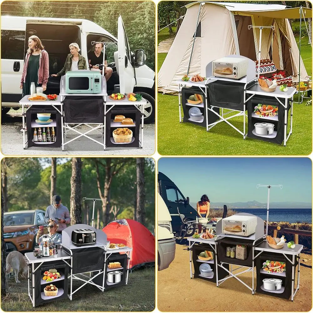 Camping Kitchen Table, Folding Table, Upgrade Light Stand and Windshield Cooking Station & 3 Organizers, Carry Bag for Outdoor,