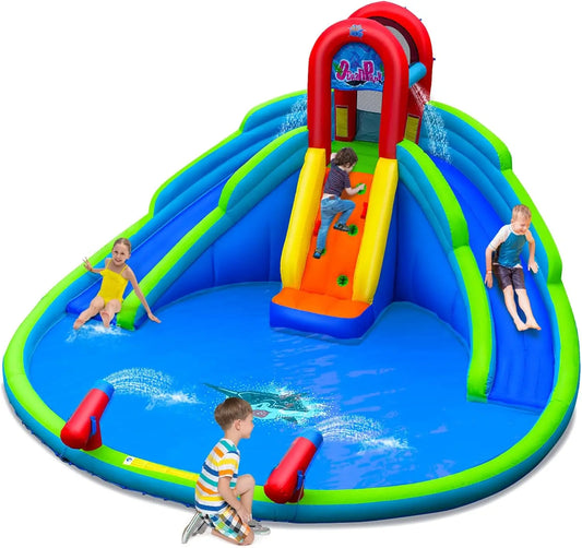 Inflatable Water Slide, 18x17FT Mega Kids Waterslide Park for Outdoor with 2 Long Slides, Splash Pool, Handrail Upgrade, Blow up