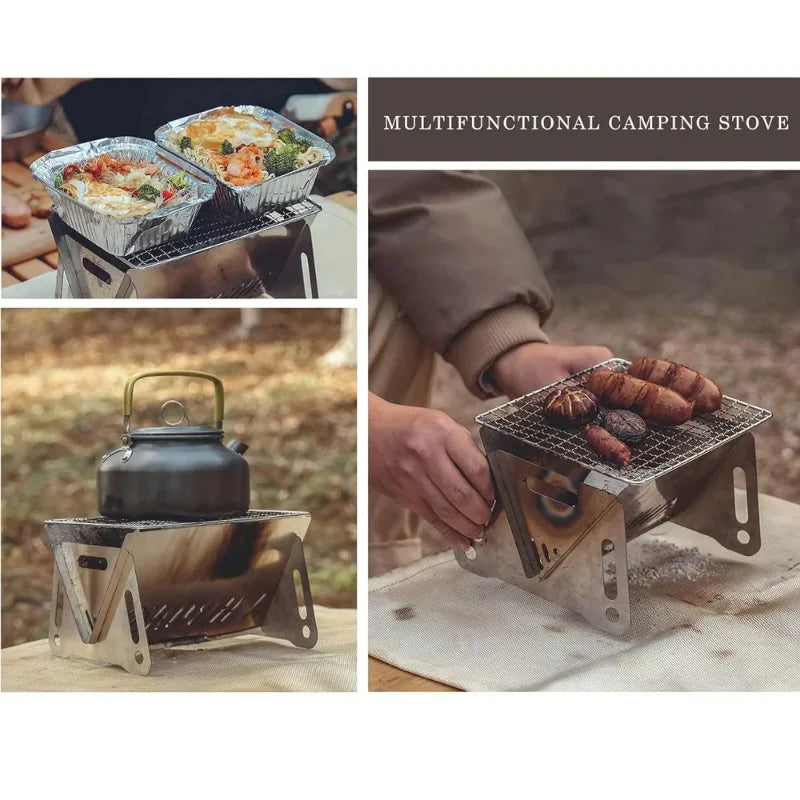 1 set Backpacking Stove Folding Stainless Steel Charcoal Grill BBQ Wood Burning Camp Stove Hiking Picnic Garden Backyard Cooking