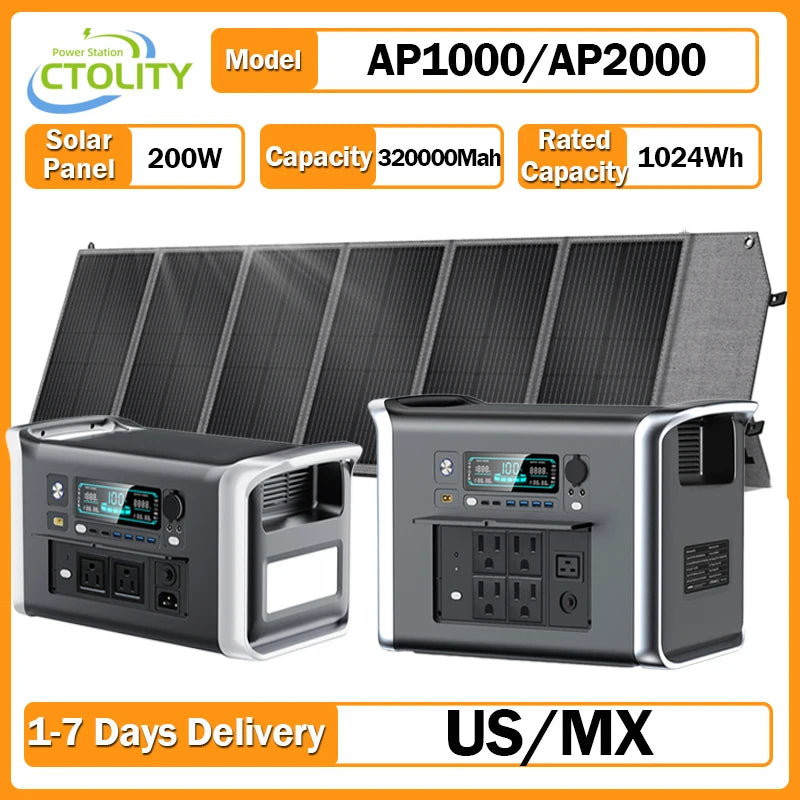 CTOLITY 2400W Camping Power Station 2048Wh Lifepo4 1600W 110V AC Output Portable Solar Generator 200W 20.5V Flexible Solar Panel