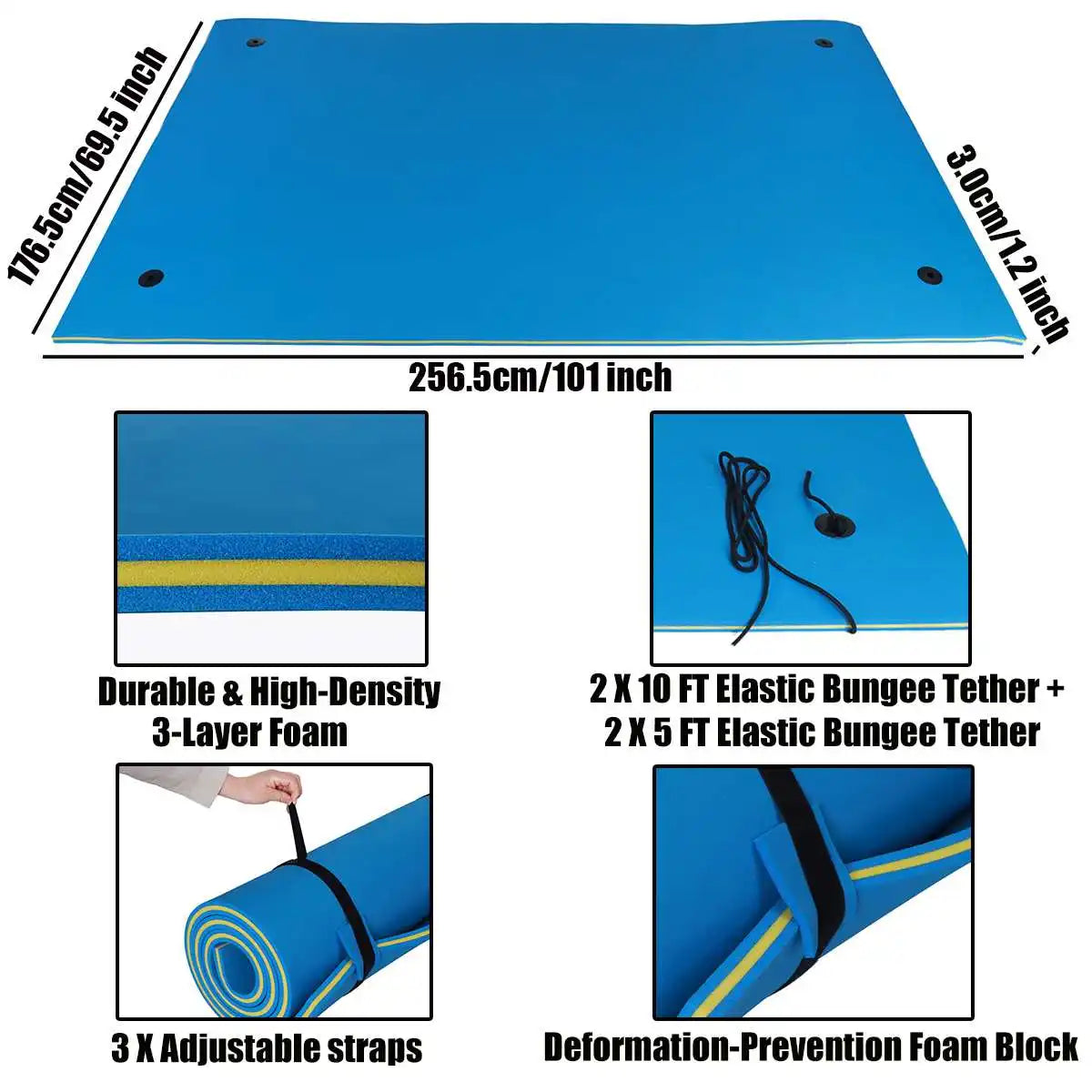 Floating Water Pad Mat 3-Layer Swimming Floating Foam Pad 9' x 6'/12.8' x 5' Water Pad with Storage Straps Water Activities Mat