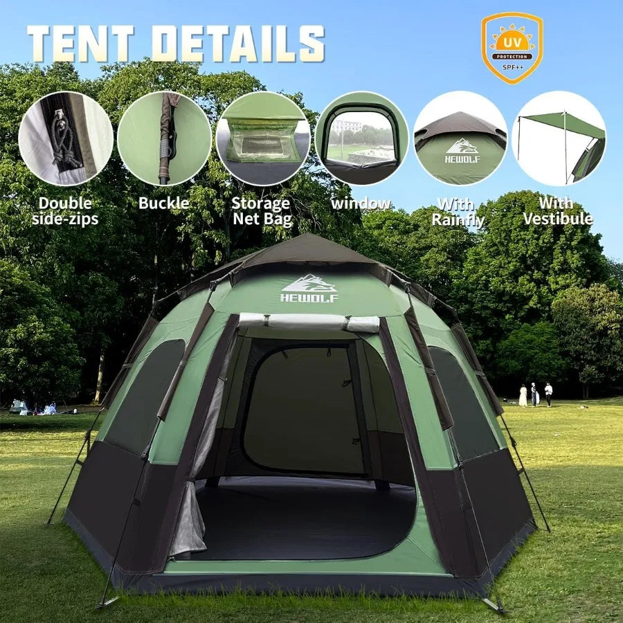 2/3/4 Person Camping Tent - Instant Pop Up Waterproof 2 Doors Tent with Easy Setup 3-Season Hexagonal Dome Design for Family Hi
