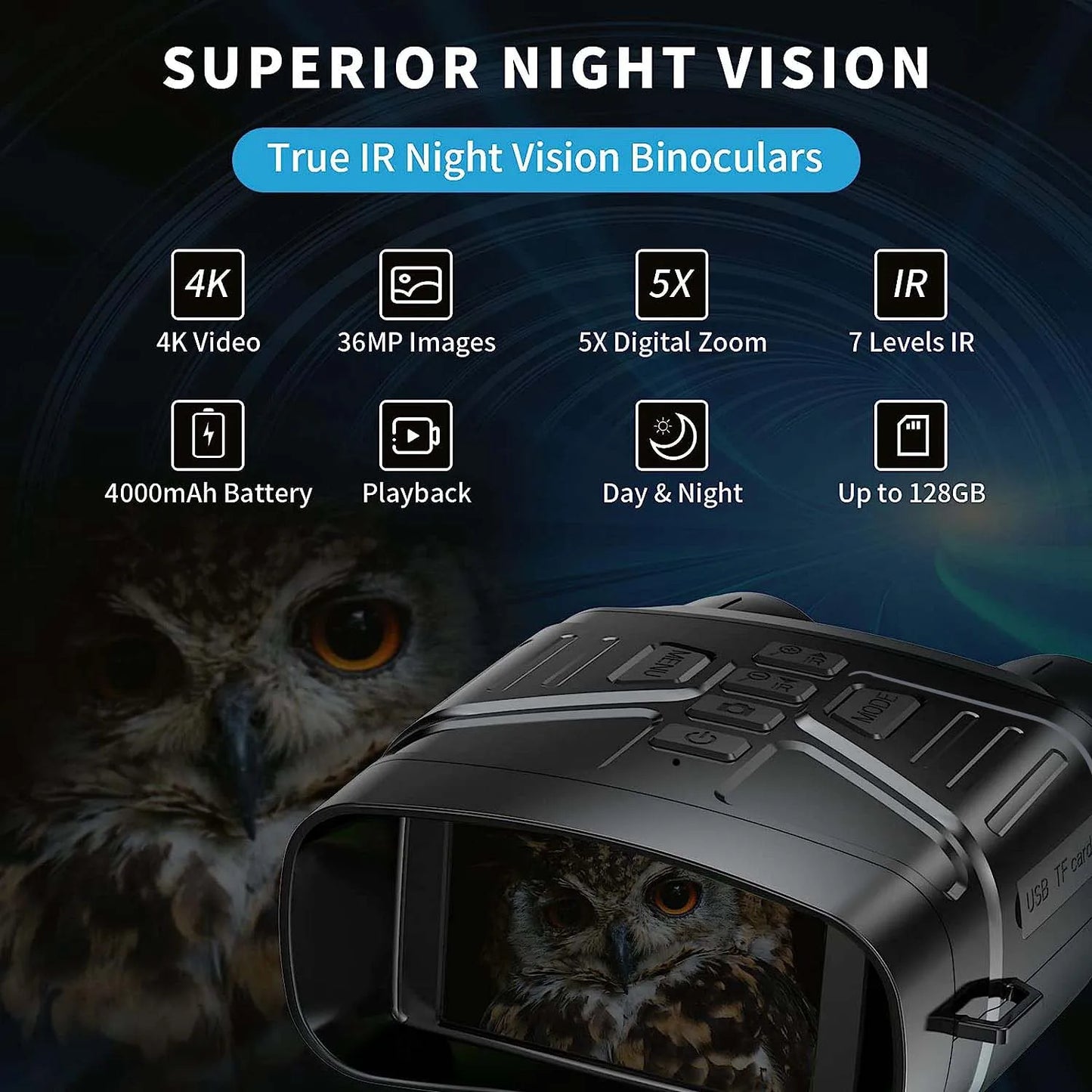 4K Night Vision Binoculars with Rechargeable Battery  32GB TF Card Night Vision Goggles for Photo And Video Saving 3'' Display