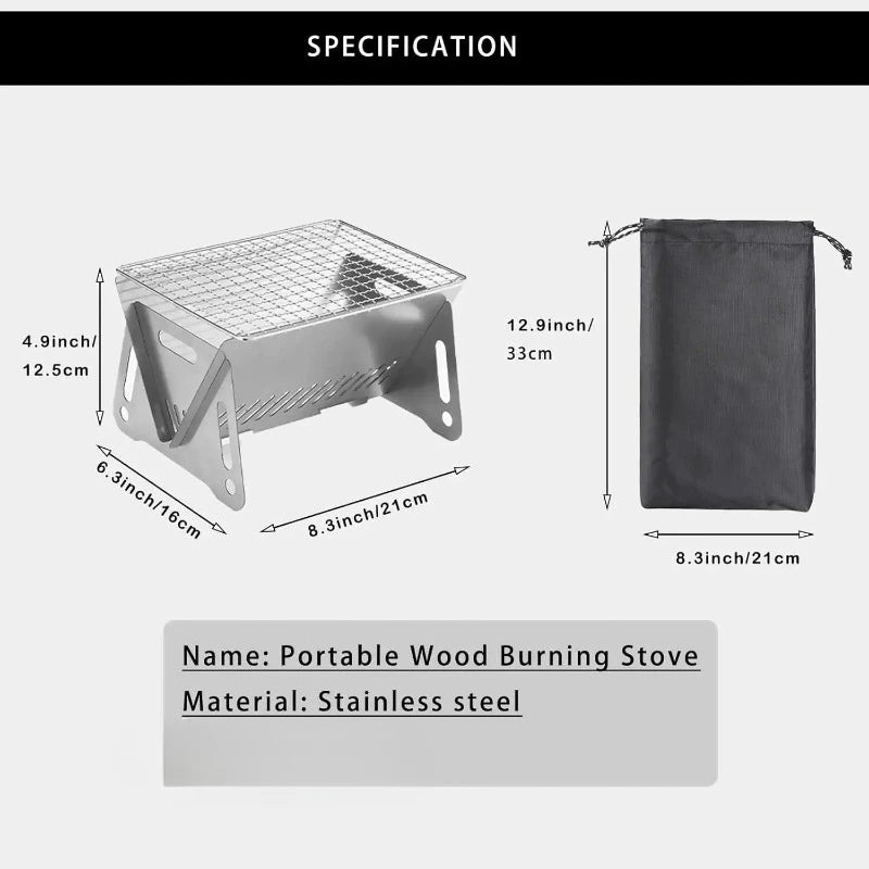 1 set Backpacking Stove Folding Stainless Steel Charcoal Grill BBQ Wood Burning Camp Stove Hiking Picnic Garden Backyard Cooking