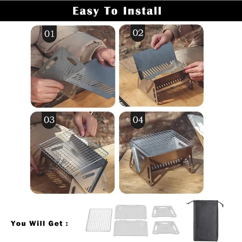1 set Backpacking Stove Folding Stainless Steel Charcoal Grill BBQ Wood Burning Camp Stove Hiking Picnic Garden Backyard Cooking