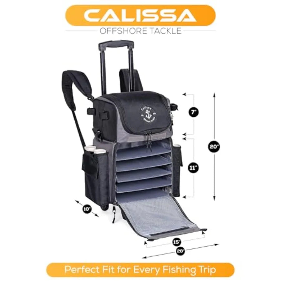 Offshore Rolling Fishing Tackle Box with Wheels Waterproof Fishing Backpack with Rod Holders Storage Bag Roller