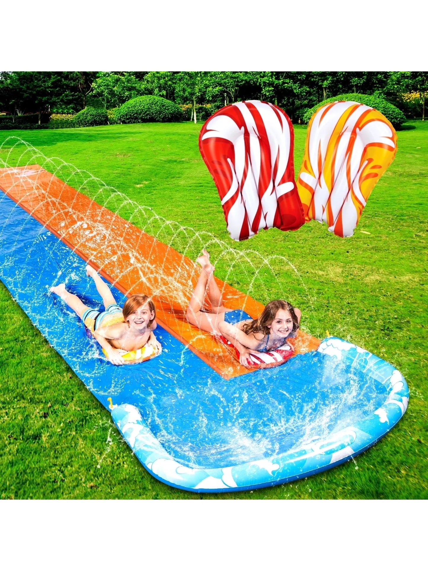 JOYFY 22.5ft Water Slides and 2 Bodyboards Lawn Backyard Waterslides Water Toy with Build Sprinkler for Kids Outdoor Water Fun