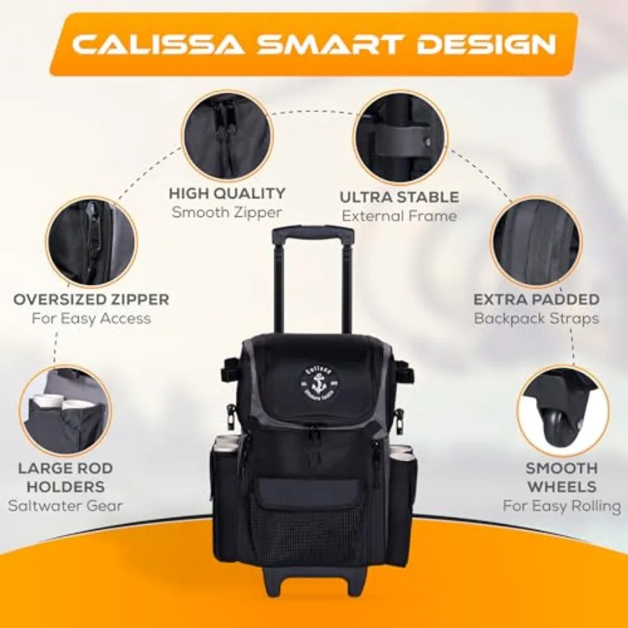 Offshore Rolling Fishing Tackle Box with Wheels Waterproof Fishing Backpack with Rod Holders Storage Bag Roller