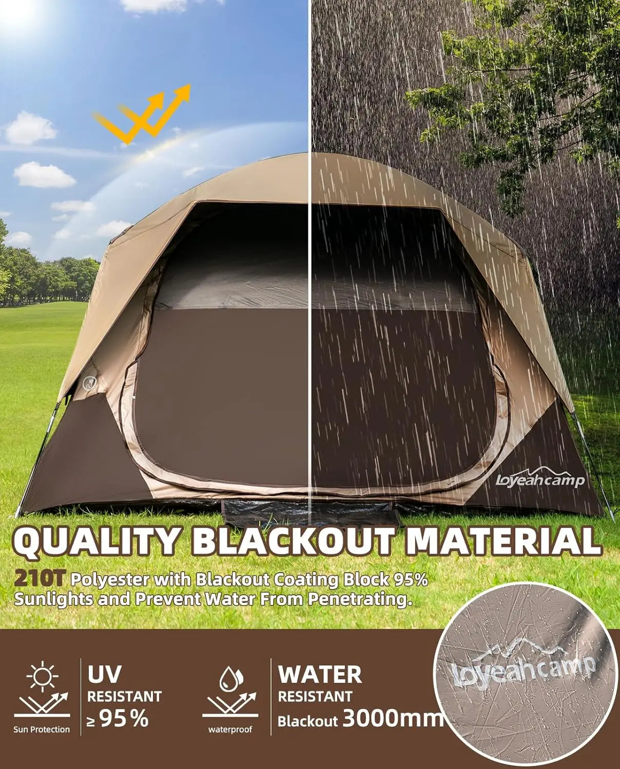 4 Person Blackout Camping Tent, Easy Setup Waterproof Family Dome Tent for Camping with Rainfly