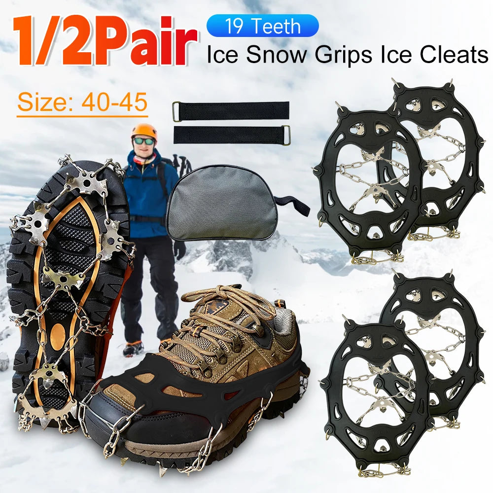 1/2Pair 19 Teeth Snow Spikes Crampons Anti Slip Ice Gripper Cleats Chain Claws for Hiking Climbing Fishing Walking Boots Cover ﻿